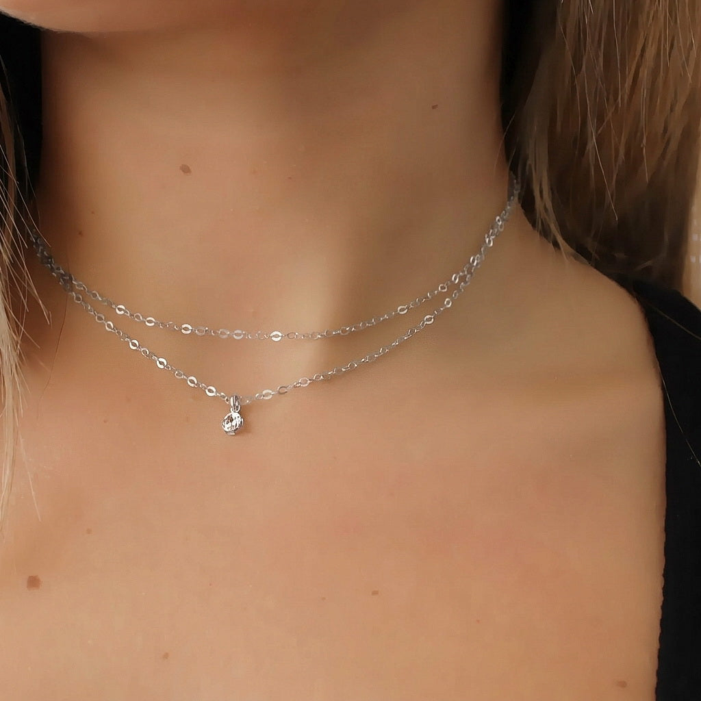 Silver CZ Double Choker Necklace
