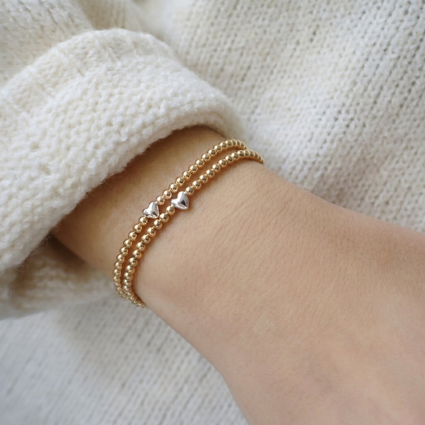 Gold 3mm Beaded Bracelet with Heart Shaped Bead