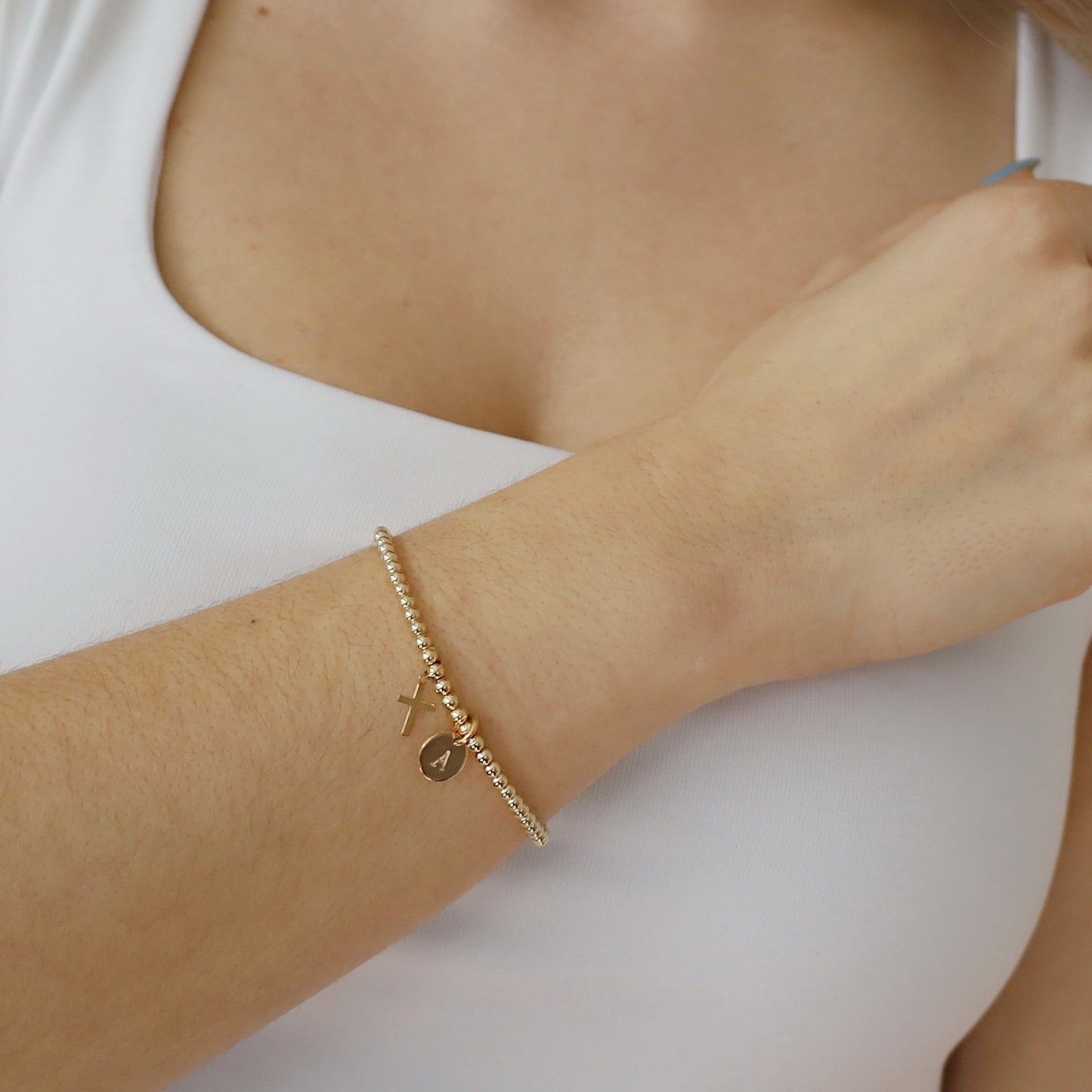 14K Solid Gold Tiny Cross Charm Beaded Bracelet