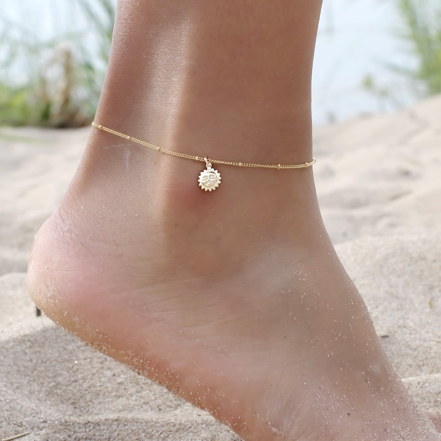 14K Gold Sun Charm Satellite Anklet • B287