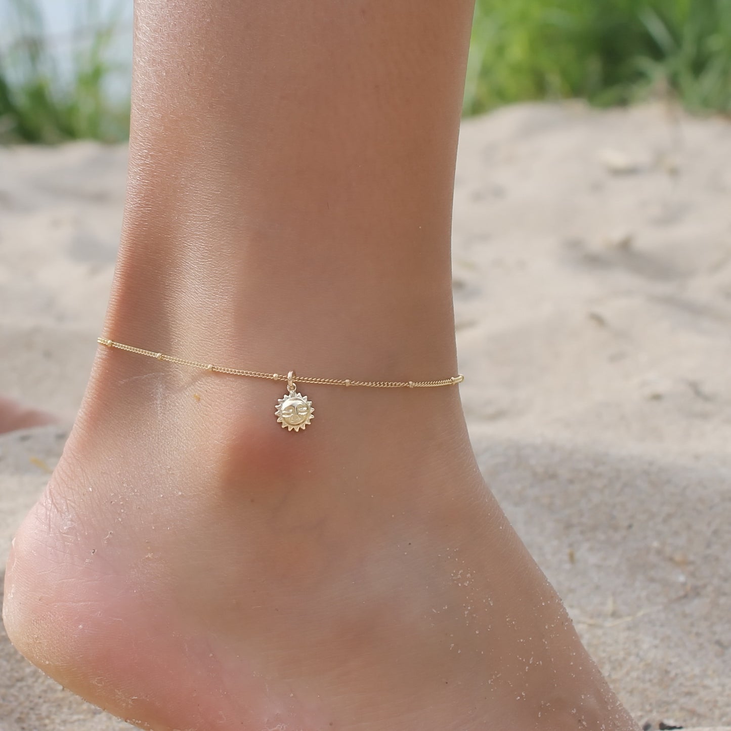 14K Gold Sun Charm Satellite Anklet • B287