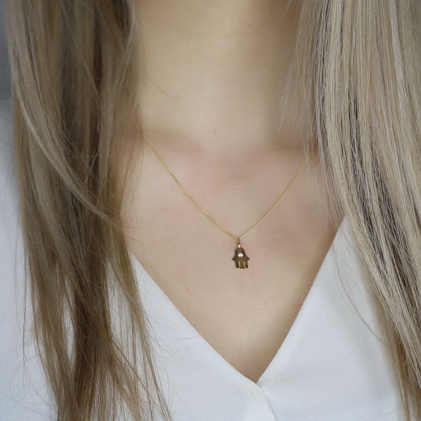 14K Solid Gold Hamsa Charm Necklace • B309