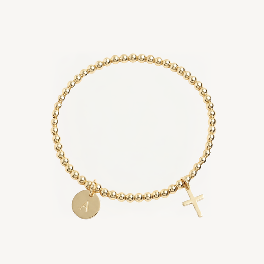 14K Solid Gold Tiny Cross Charm Beaded Bracelet • B319