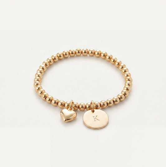 Gold Heart Initial Beaded Bracelet
