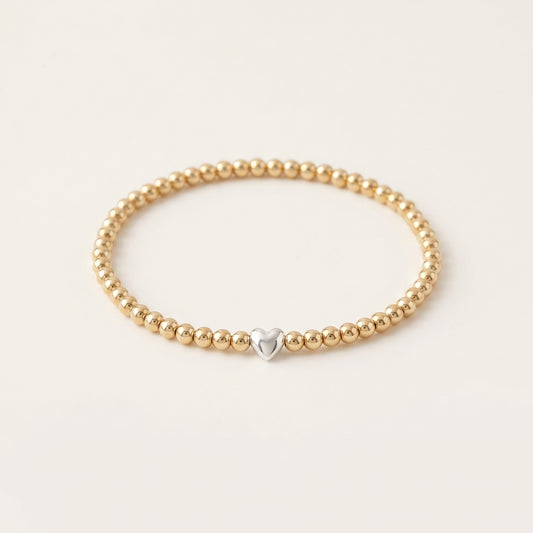 Gold 3mm Beaded Bracelet with Heart Shaped Bead