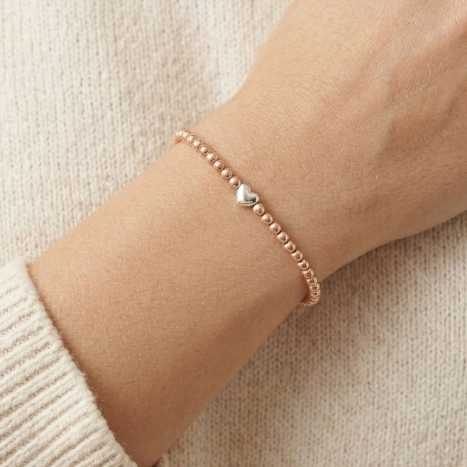 Rose Gold 3mm Beaded Bracelet with Heart Shaped Bead