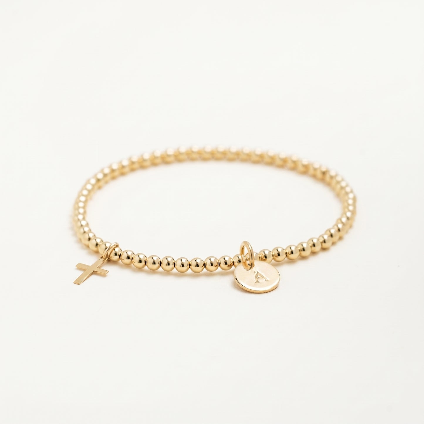 14K Solid Gold Tiny Cross Charm Beaded Bracelet