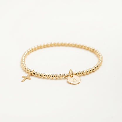 14K Solid Gold Tiny Cross Charm Beaded Bracelet