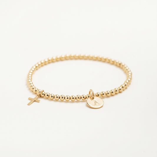 14K Solid Gold Tiny Cross Charm Beaded Bracelet