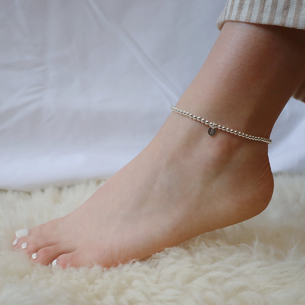 Sterling Silver Beaded Anklet • Initial Beaded Anklet • Stretch Anklet • B335
