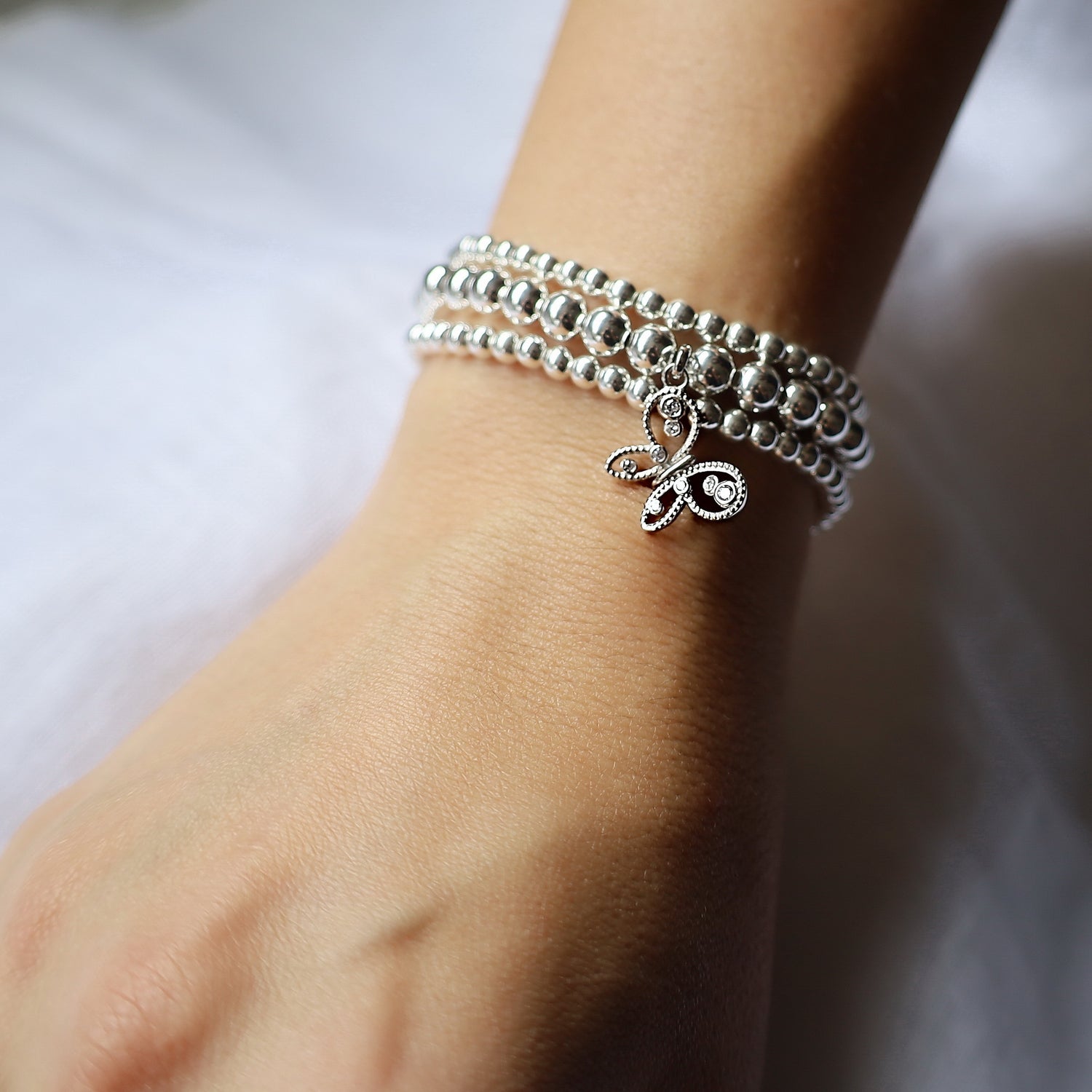 Sterling Silver 6mm Beaded CZ Butterfly Bracelet • B342