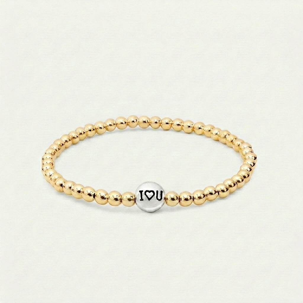 Gold 4mm Beaded Bracelet with Silver I ♥ U Bead • B430