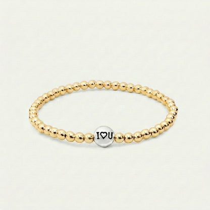Gold 4mm Beaded Bracelet with Silver I ♥ U Bead • B430