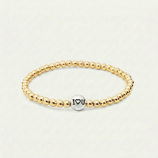 Gold 4mm Beaded Bracelet with Silver I ♥ U Bead