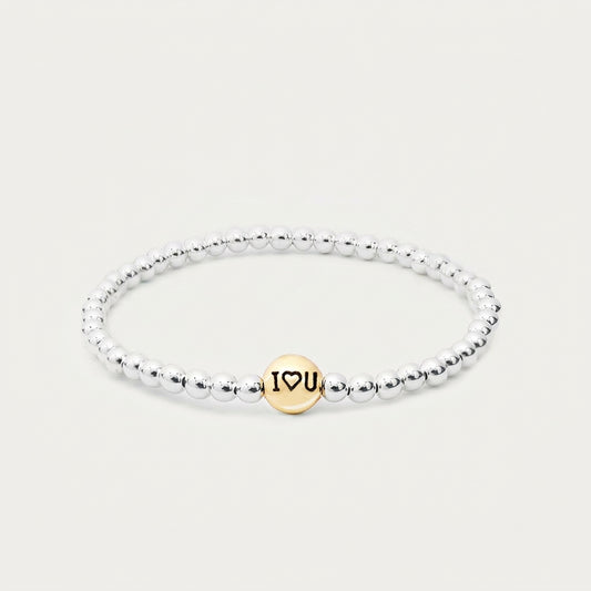 Silver 4mm Beaded Bracelet with Gold  I ♥ U Bead