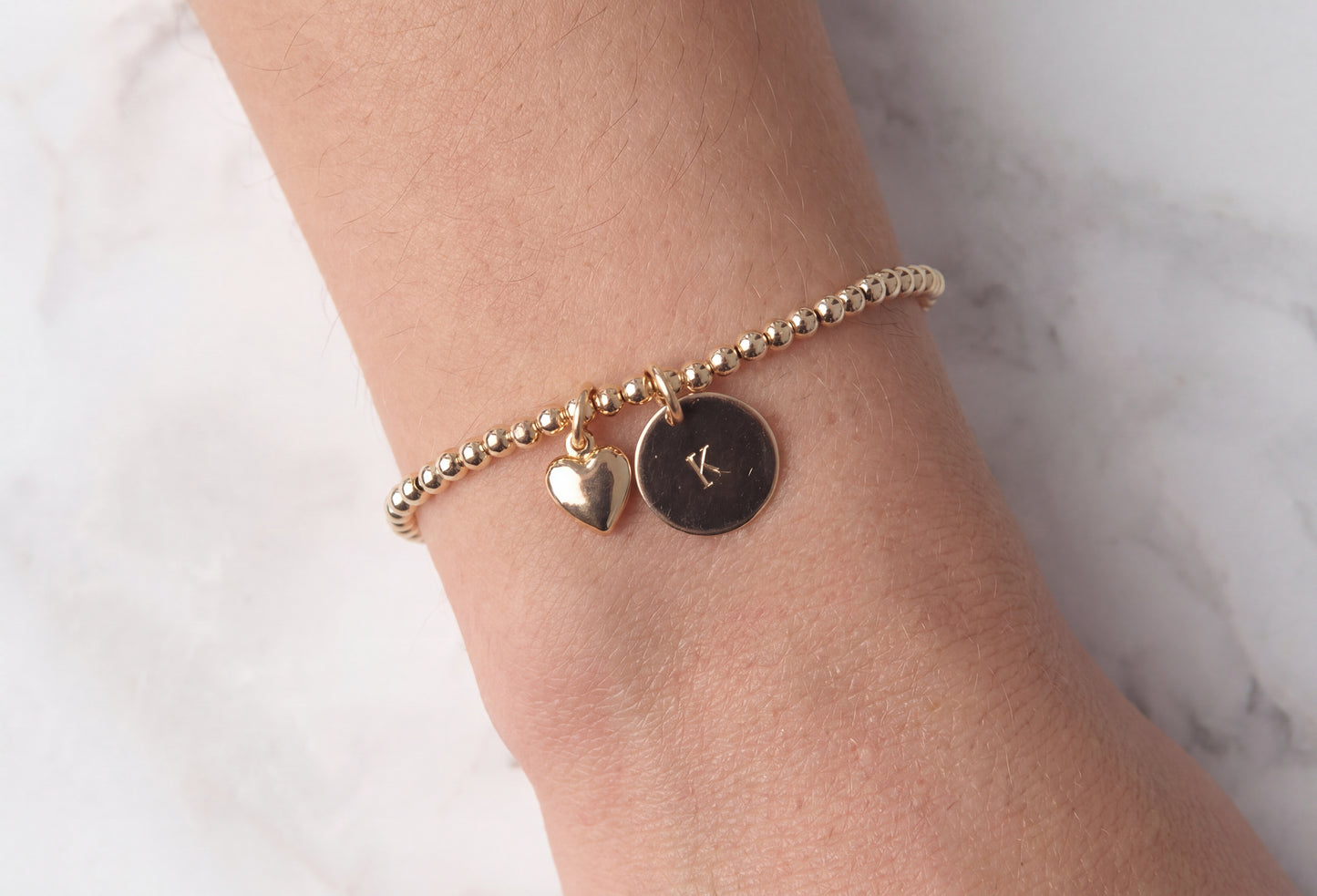 Gold Heart Initial Beaded Bracelet