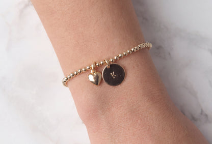 Gold Heart Initial Beaded Bracelet