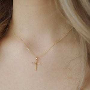 14K Solid Gold Beaded Cross Necklace • Dainty Solid Gold Cross Necklace • B311