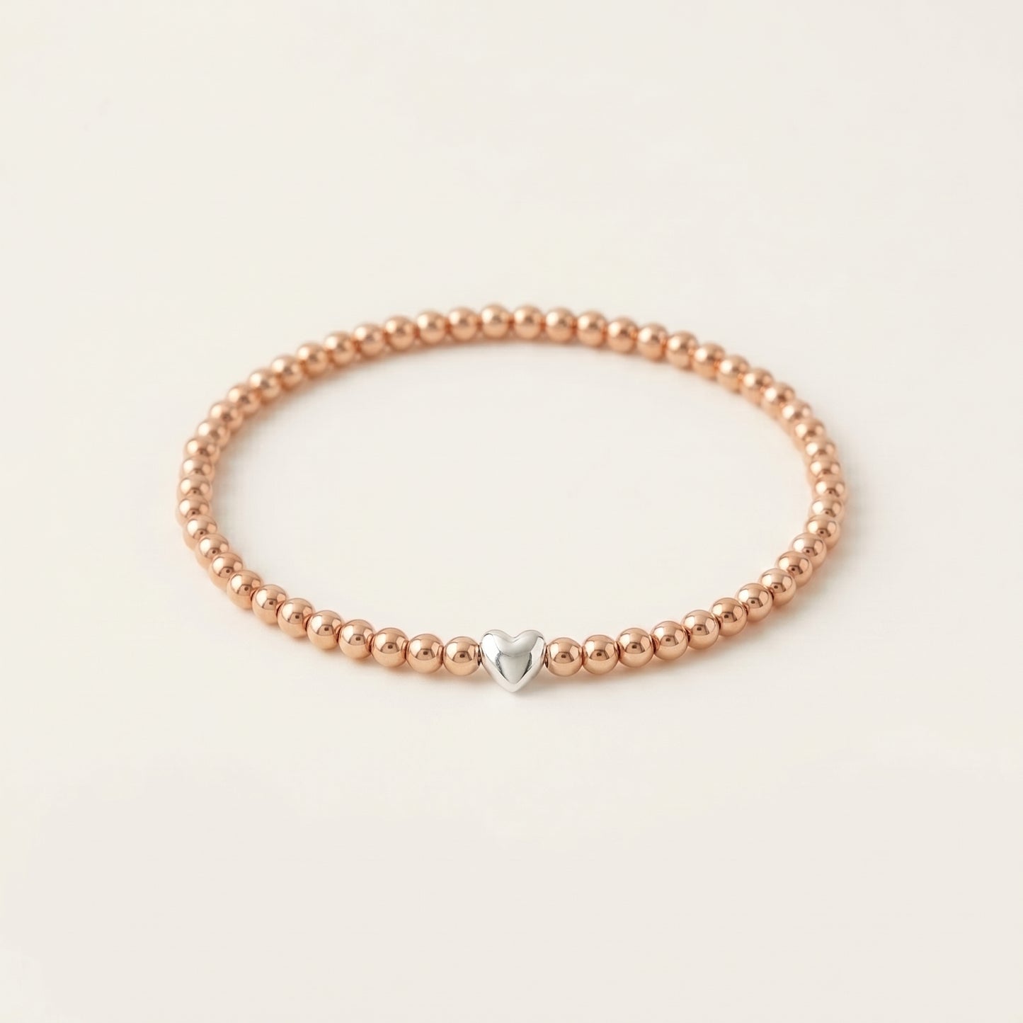 Rose Gold 3mm Beaded Bracelet with Heart Shaped Bead