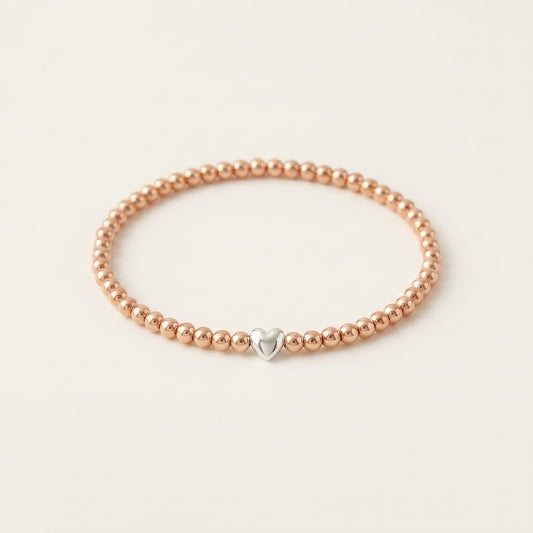 Rose Gold 3mm Beaded Bracelet with Heart Shaped Bead