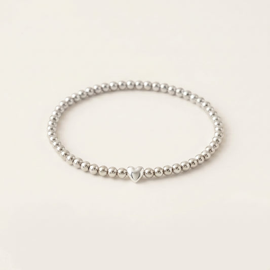 Silver 3mm Beaded Bracelet with Heart Shaped Bead