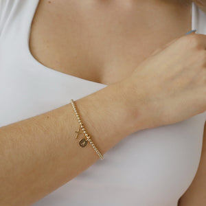 14K Solid Gold Tiny Cross Charm Beaded Bracelet • B319