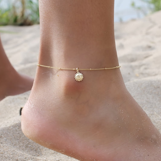 14K Gold Sun Charm Satellite Anklet For Women