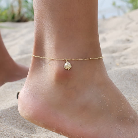 14K Gold Sun Charm Satellite Anklet For Women