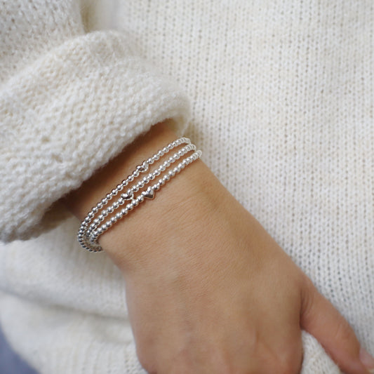 Silver 3mm Beaded Bracelet with Heart Shaped Bead • B310