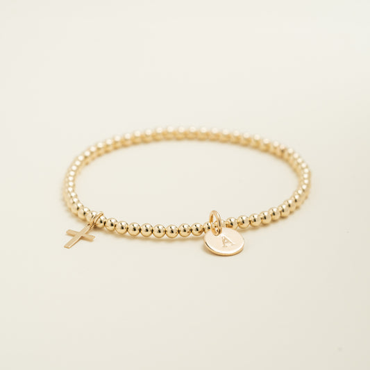 14K Solid Gold Tiny Cross Charm Beaded Bracelet • B319