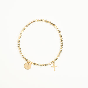 14K Solid Gold Tiny Cross Charm Beaded Bracelet • B319